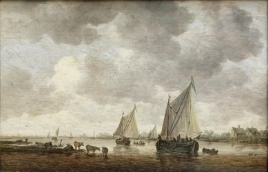 Två stora segelbåtar på en flod och nötkreatur nära stranden